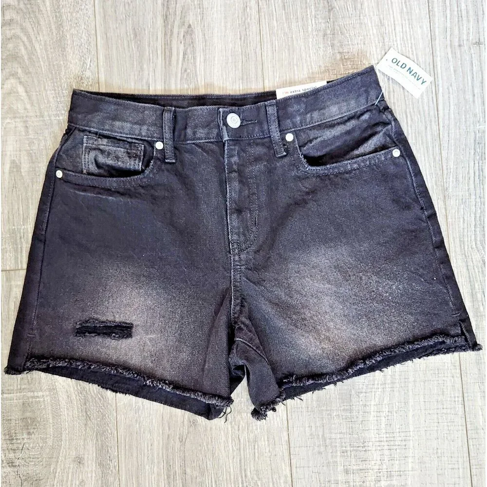 Old Navy Girls sz 14 Black Wash Denim‎ Shorts Distressed Frayed Hem NEW